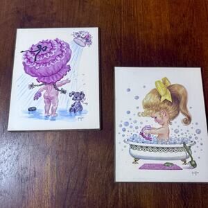 Vintage 1960’s Bathroom Wall Art Girls Bath Set 2 Signed Griffin 8”x10”